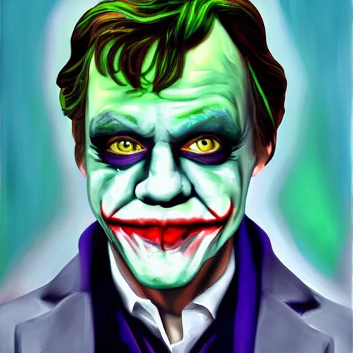 Image similar to mark hamill as the joker, portrait, oil painting, cartoon style