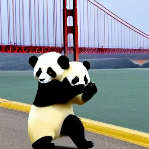 Prompt: a panda holding an umbrella and riding a unicycle on golden gate bridge,