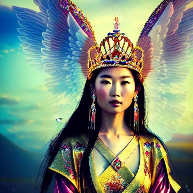 Prompt: beautiful asian mongolian princess goddess with angelic wings in a sensual pose, princess wearing a crown with gemstones, near lake baikal, atmospheric lighting, intricate, volumetric lighting, beautiful, sharp focus, ultra detailed, in the art style of bagshaw tom