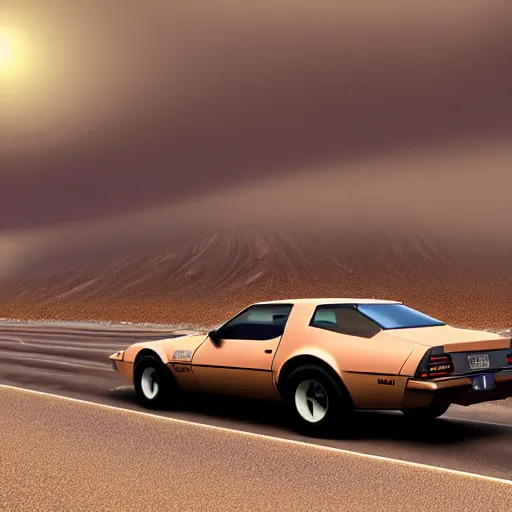 Image similar to hyperdetailed, photorealistic photograph of a 1 9 8 2 pontiac firebird trans - am driving in the desert, rain, night, dense fog, hd, unreal engine 5 by greg rutowski, by stanley artgerm, by alphonse mucha