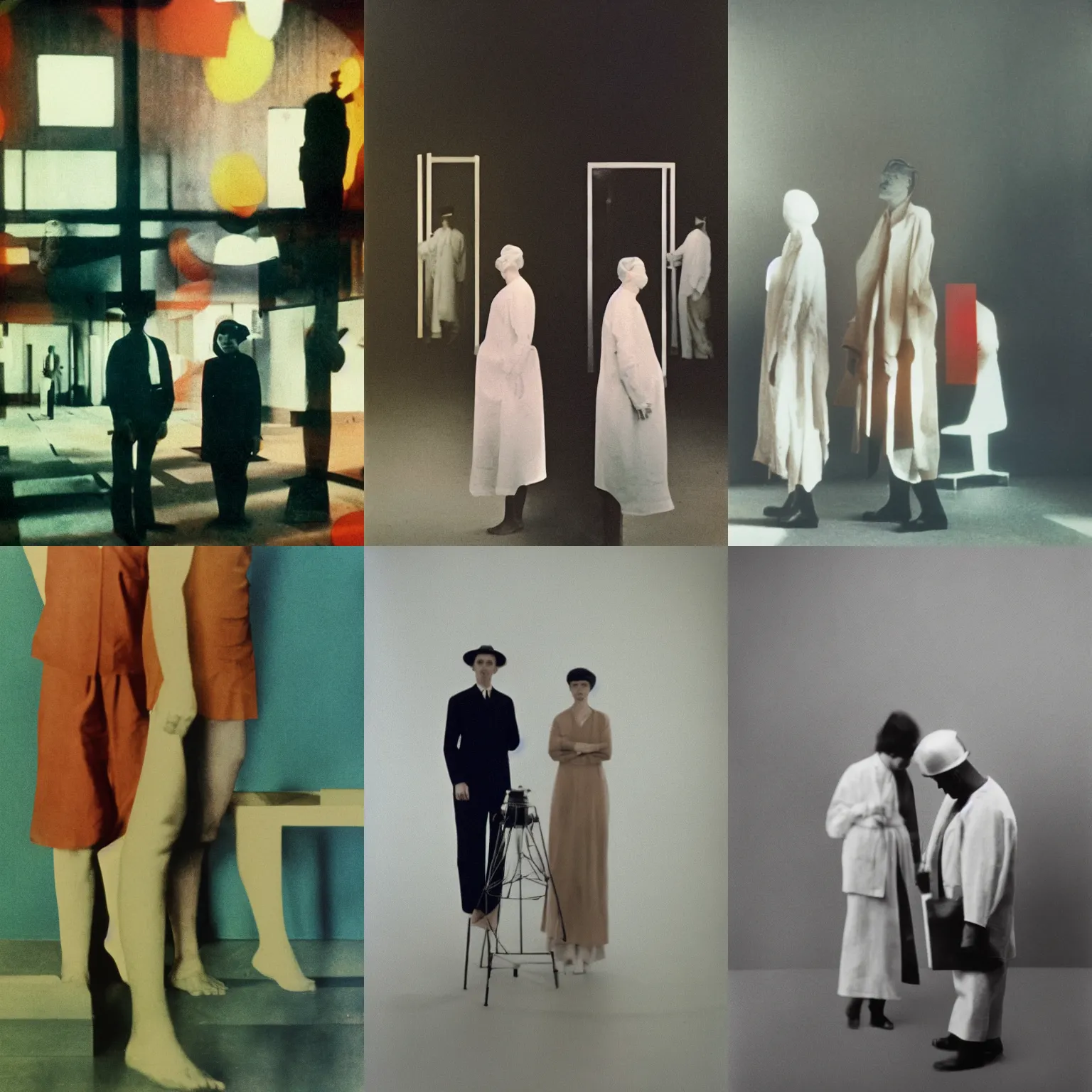Prompt: a couple of people standing next to each other neoplasticism a colorized photo colorized, photo taken with provia, movie still by László Moholy-Nagy flickr