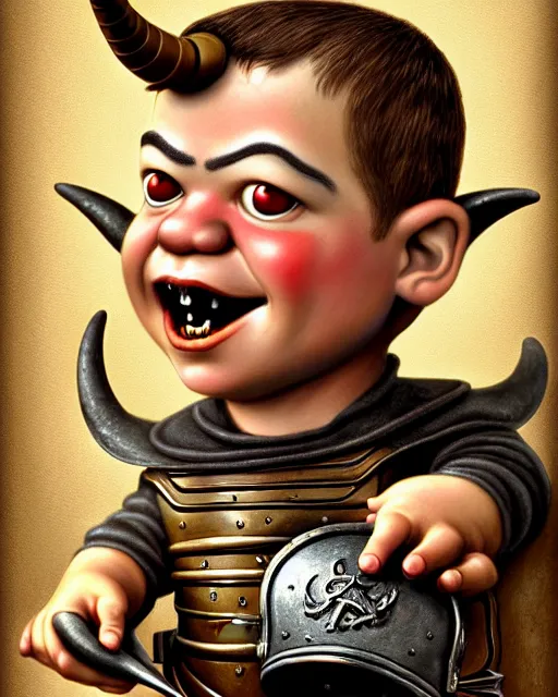 Image similar to highly detailed closeup, face profile portrait of a tin toy matt damon as a medieval demon with horns eating cakes in a castle, hyper realistic, artstation, illustration, nicoletta ceccoli, mark ryden, lostfish, dan decarlo, bob clampett, max fleischer, digital paint, matte paint, vivid colors, detailed and intricate environment