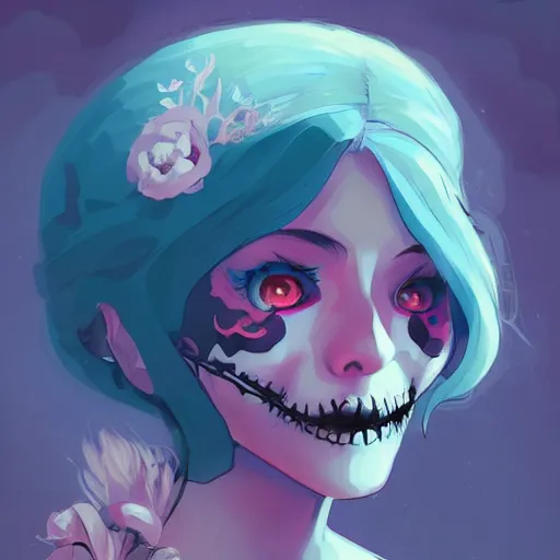 Prompt: a portrait of a girl skull face, cinderella in the style of artgerm, charlie bowater, atey ghailan and mike mignola, vibrant colors and hard shadows and strong rim light, plain background, comic cover art, trending on artstation