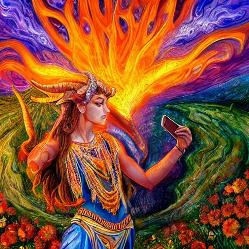 Image similar to detailed acrylic on canvas by josephine wall, horned ram goddess checking her cell phone, erupting volcano and sunset in distance, flowers in foreground, fantasy, trending on artstation, by senior concept artist, intricately detailed, high resolution, hdr, 8 k