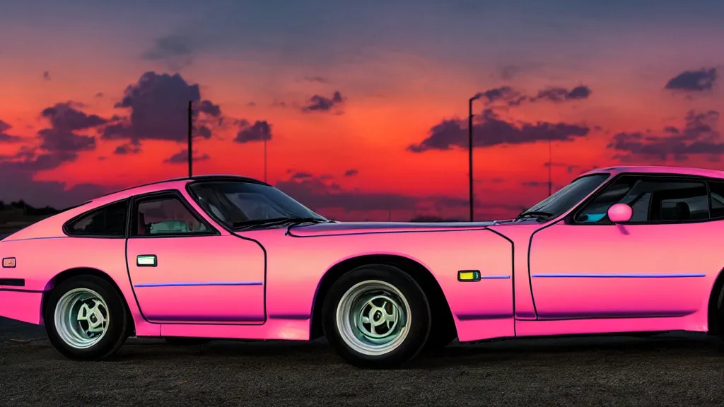Prompt: neon synthwave datsun 4 2 0 z, at sunset, 8 k. filling most of the view