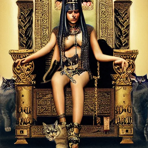 Prompt: cleopatra on throne, covered in cats, wearing metal spiked leather balaclava, smoking a joint