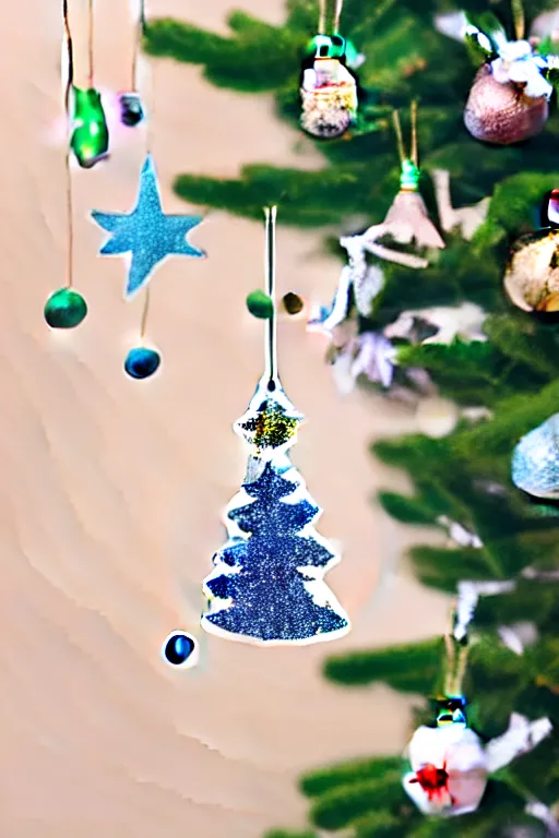 Image similar to flat sticker scandi christmas tree with kitsch glitzy baubles and stars and christmas robin bird decorations, silver sapphire blue white mood, smooth sharp focus