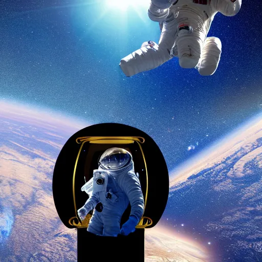 Image similar to astronaut in space, galactic background reflections on suit on one side and a yellow planet on the other side