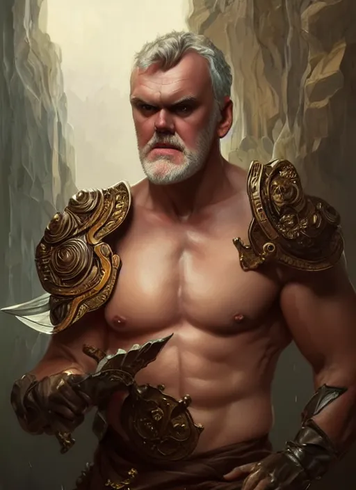 Image similar to portrait of greg davies, d & d, muscular! fantasy, intricate, elegant, highly detailed, digital painting, artstation, concept art, smooth, sharp focus, illustration, art by artgerm and greg rutkowski and alphonse mucha