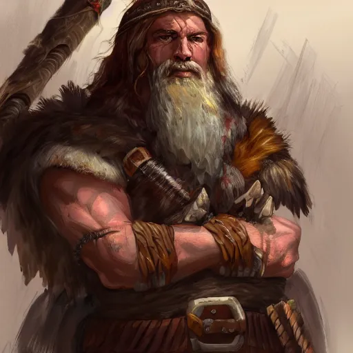 Prompt: rpg portrait of a barbarian man by justin sweet, trending on artstation, concept art, icewind dale, d&d,