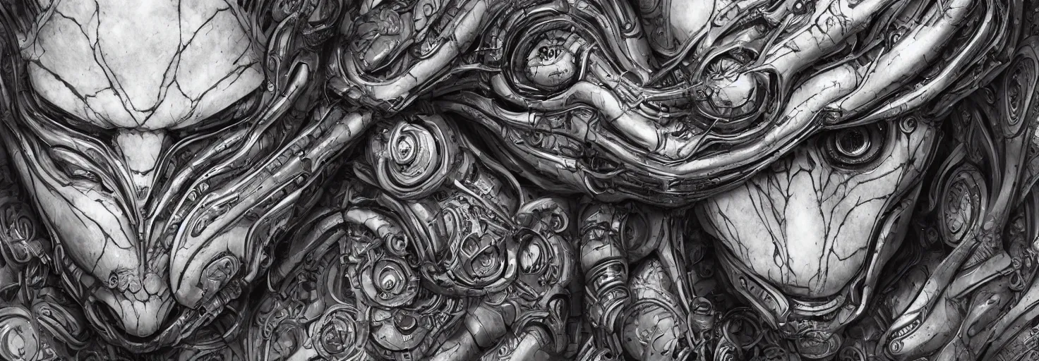 Image similar to engineer alien face by Artgerm, alien, highly detailed, symmetrical long head, smooth marble surfaces, detailed ink illustration, raiden metal gear, cinematic smooth stone, deep aesthetic, concept art, post process, 4k, carved marble texture and silk cloth, latex skin, highly ornate intricate details, moody lighting, hr geiger, hayao miyazaki, by Artgerm