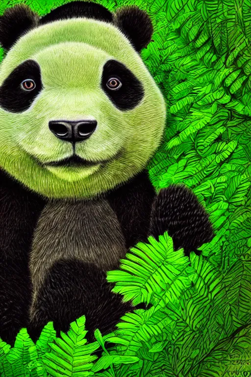 Prompt: a green moss panda, symmetrical, highly detailed, digital art, sharp focus, amber eyes, ferns, trending on art station