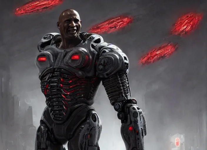 Prompt: tommy lister jr. as victor stone, full body concept, cyborg, borg, strogg, face of a man, terminator, flesh, quake strogg, doom demon, wolfenstein, monstrous, powerful, symmetry, symmetrical, concept art by ruan jia and greg rutkowski