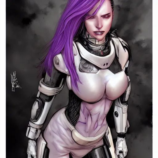 Image similar to pale woman with flowing purple hair in rusted sci - fi power armor, high detail, stoic, elegant, by stjepan sejic, sunstone