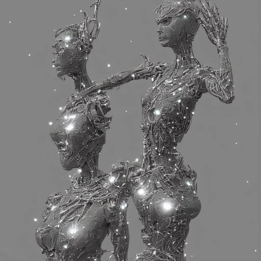 Image similar to full body detailed, ethereal chrome dress, biomechanical, covered in diamonds and other items glowing, highly detailed face, elegant posed, intricate, extremy detailed, beeple, cgsociety, 3 d unreal engine octane render. cinematic lighting, highly detailed