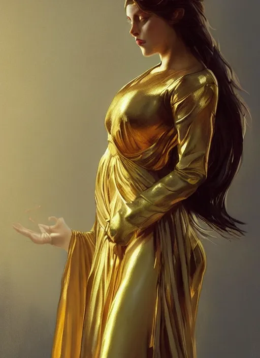 Image similar to a Photorealistic dramatic hyperrealistic render of an angel, gold clothes, dramatic lighting, by WLOP,Artgerm,Greg Rutkowski,Alphonse Mucha, Beautiful dynamic dramatic dark moody lighting,shadows,cinematic atmosphere,Artstation,concept design art,Octane render,8K