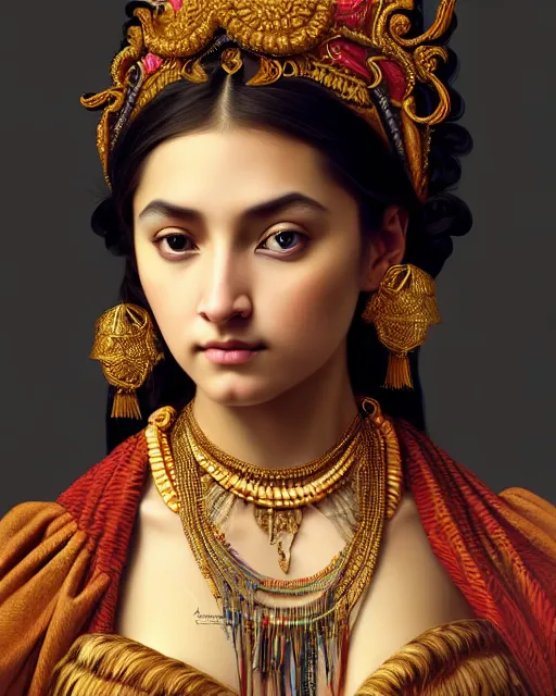 Prompt: photo of a gorgeous young tribal woman wearing elaborate baroque jewelry and rococo ornaments in the style of stefan kostic, realistic, sharp focus, symmetric, 8k high definition, insanely detailed, intricate, elegant, art by stanley lau and artgerm, William-Adolphe Bouguereau