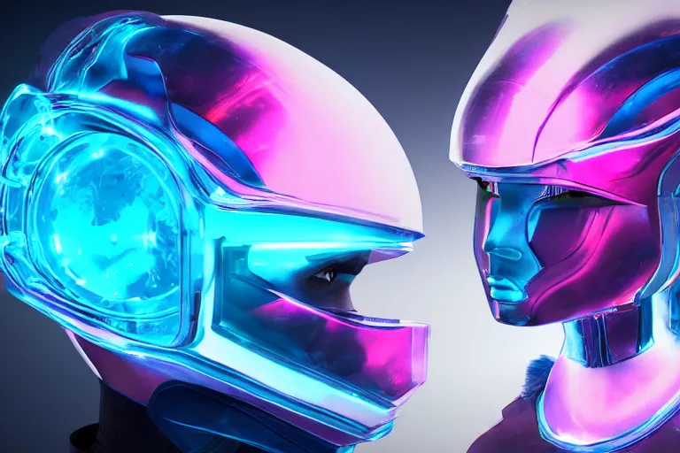 Image similar to futuristic fluid aquamarine helmet visor, intricate, glowing, eyecandy, colorful, 3 d, octane render, photorealistic, modern, warp,