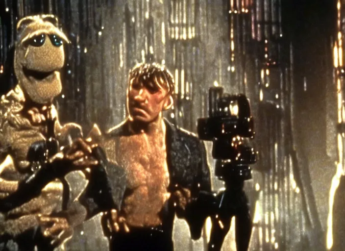 Prompt: scene from the 1982 science fiction film Muppet Blade Runner