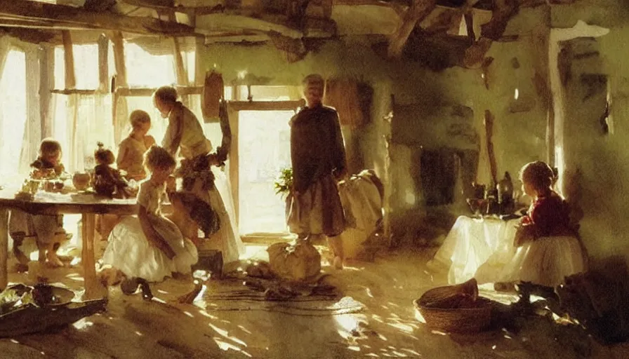 Image similar to simple villager family about to eat a meal together in their beautiful simple cottage home, art by anders zorn, wonderful masterpiece by greg rutkowski, beautiful cinematic light, american romanticism thomas lawrence, greg rutkowski