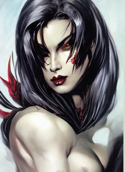 Image similar to portrait of a beautiful vampire lady, armor plating, painted by frank frazetta and artgerm