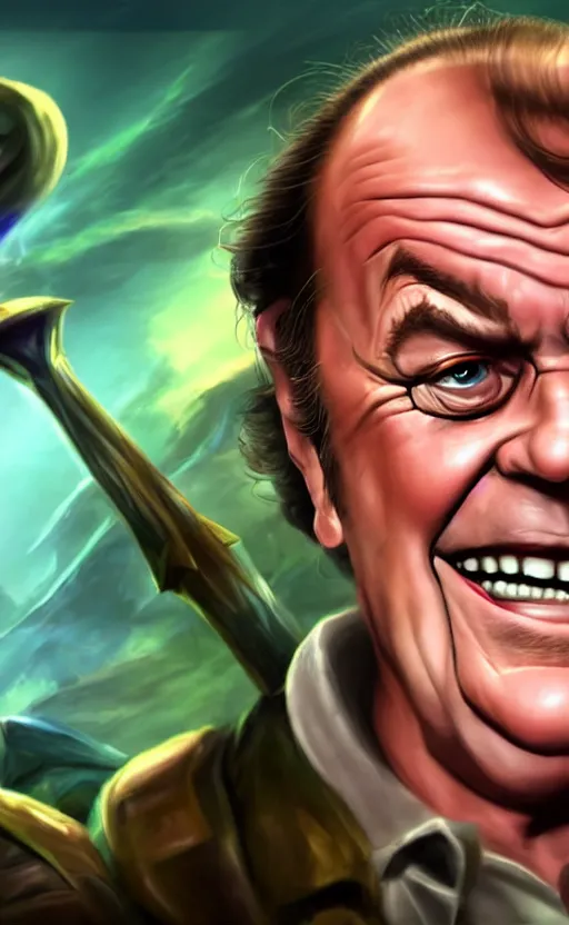 Image similar to Jack Nicholson as a character in the game League of Legends, with a background based on the game League of Legends, detailed face, old 3d graphics