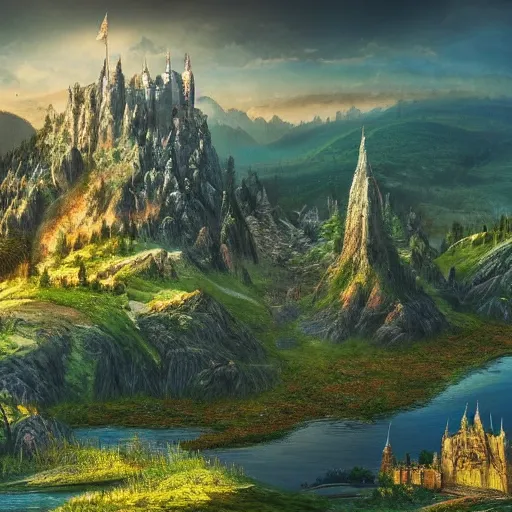 Prompt: A beautiful image of a fantasy landscape with towering mountainst and small castles scattered along a deep valley, 4k