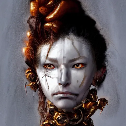 Image similar to portrait of a Shibari cable wrapped face and neck, headshot, insanely nice professional hair style, dramatic hair color, digital painting, of a old 17th century, old cyborg merchant, amber jewels, baroque, ornate clothing, scifi, realistic, hyperdetailed, chiaroscuro, concept art, art by Franz Hals and Jon Foster and Ayami Kojima and Amano and Karol Bak,