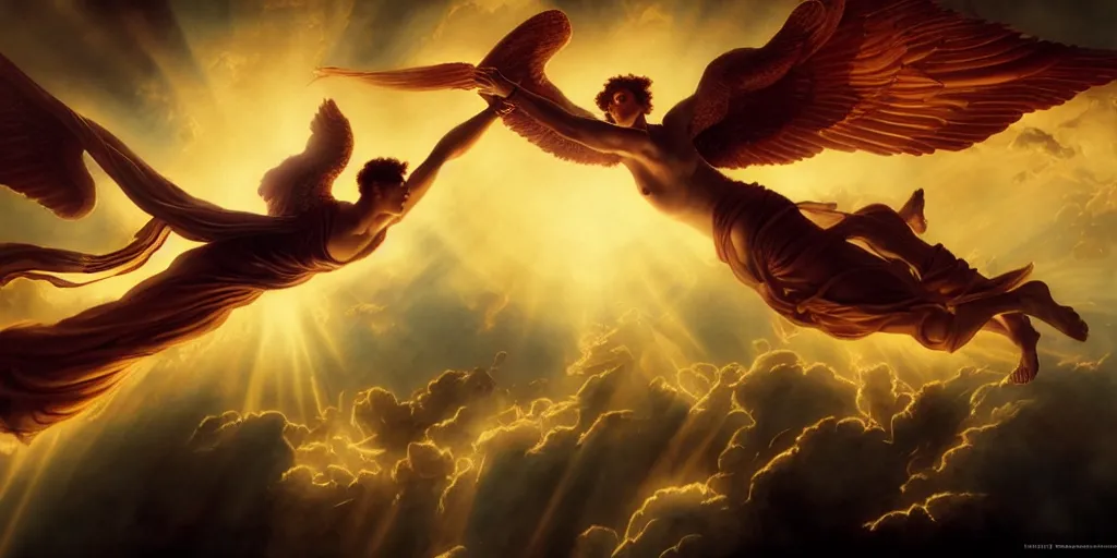 Prompt: Icarus flying too close to the sun, by Rolf Armstrong and Evelyn De Morgan and Bastien Lecouffe-Deharme, dramatic lighting, high contrast colors, baroque, empyrean, panoramic view, as trending on Artstation, highly detailed, doom engine,