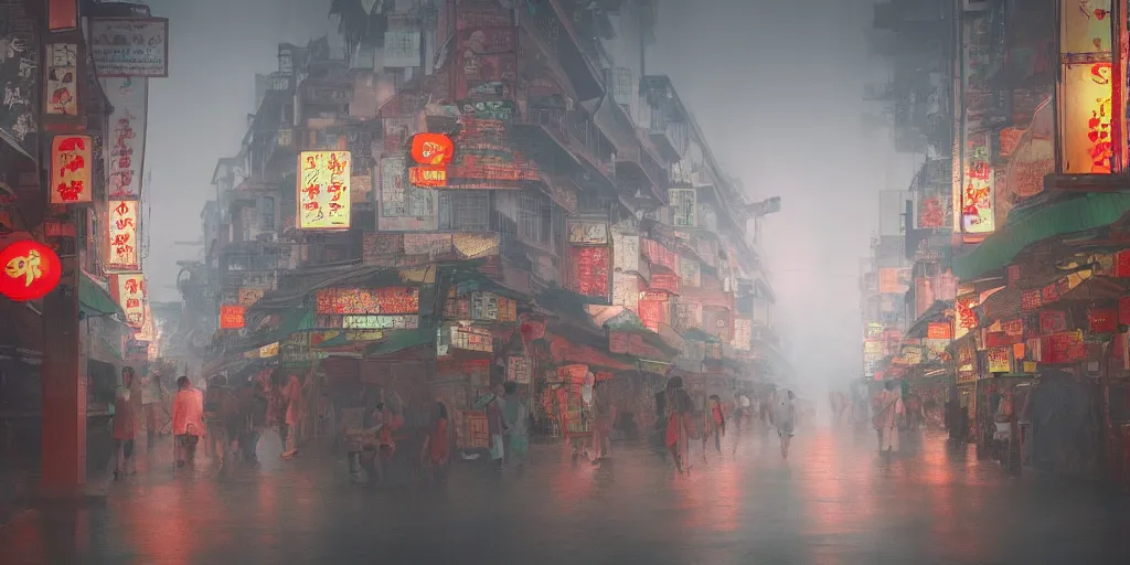 Prompt: petaling street chinatown, foggy rainy day, matte painting, studio ghibli, artstation