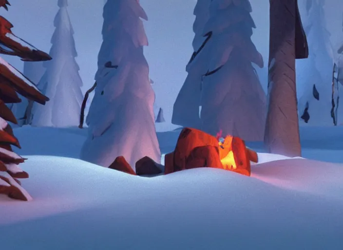 Prompt: tiny smoldering campfire glowing in a stark minimalist frozen creek snowdrift landscape from mulan ( 1 9 9 8 )