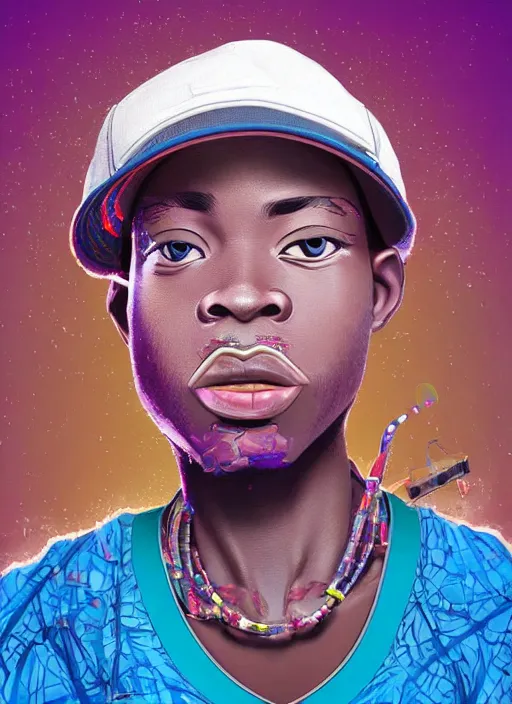 Prompt: colourful caricature - vfx art - portrait of a nigerian boy wearing a baseball cap with wires and computer chips dangling from inside, art style by utagawa kunisada, character concept art, unreal engine render, digital illustration, sharp, intricate detail, volumetric light, ray tracing, soft light, symmetric, pinterest, artstation, behance,