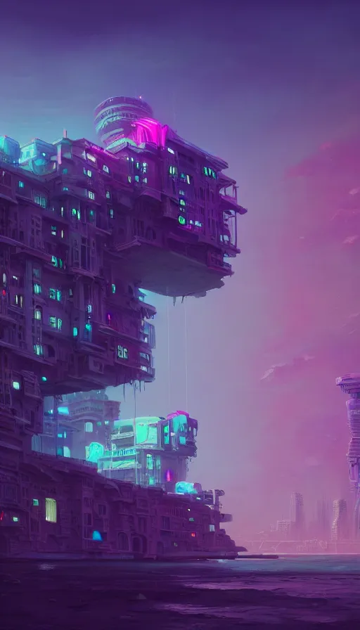 Image similar to a beautiful very detailed painting of city architecture abandoned sea fort by beeple, cyberpunk neon noir landscape vice city meadow cosmic fantasy san andreas at winter futuristic wilderness matte painting alien, archdaily, wallpaper, highly detailed, trending on artstation.