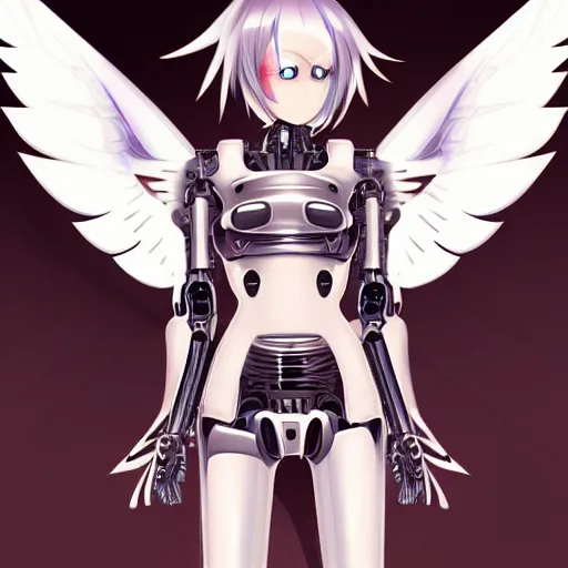 Image similar to full body, gorgeous small female android cyborg - angel large angelic wings, left eye gold and right eye silver, cyberpunk - anime art