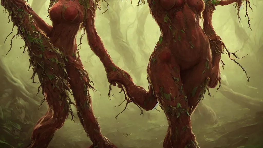 Prompt: a treant in the shape of a woman, fantasy artwork, award winning, very very very very very very very beautiful, artstation