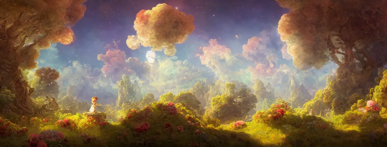 Image similar to a beautiful landscape painting of steampunk landscape, a junk nebula in the sky, galaxies visible, giant trees and colourful flowers, a tiny girl looking on with her talking cat, by jean - honore fragonard and don bluth and makoto shinkai, light rays, trending on artstation, octane render