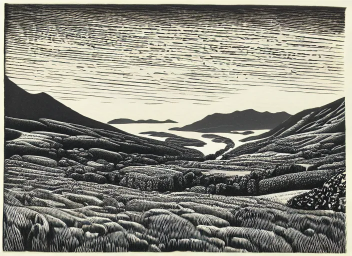 Prompt: an award winning wood engraving on paper of The highlands of Scotland
