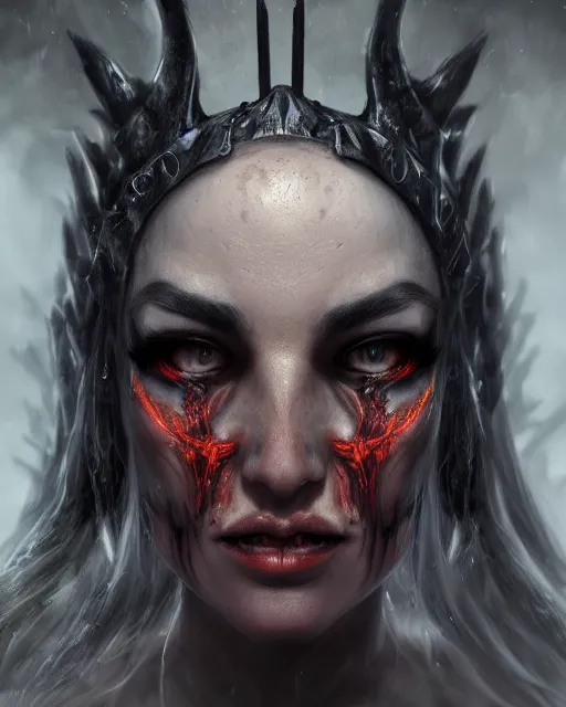 Image similar to headshot portrait of nightmare queen inspired by daemonology and catholicism, detailed, textured, realistic, unreal engine, cgsociety, cinematic lighting, concept art