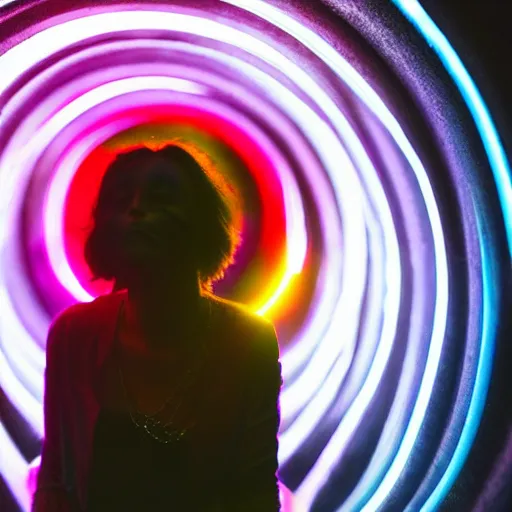 Prompt: woman on an acid trip through a tunnel, neon volumetric lights,