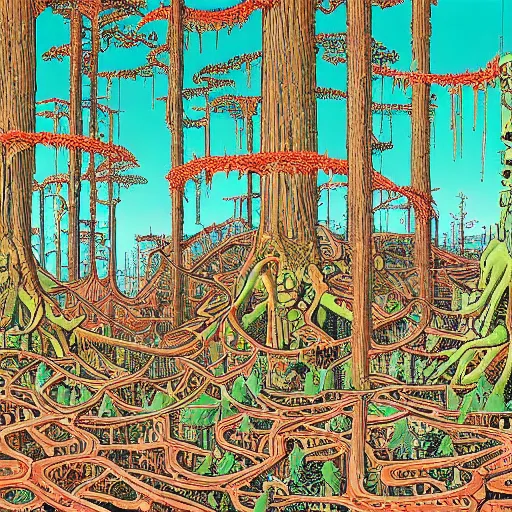 Prompt: a panoramic painting of a mechanical forest by Dan Santat and Geof Darrow, high detail, masterpiece