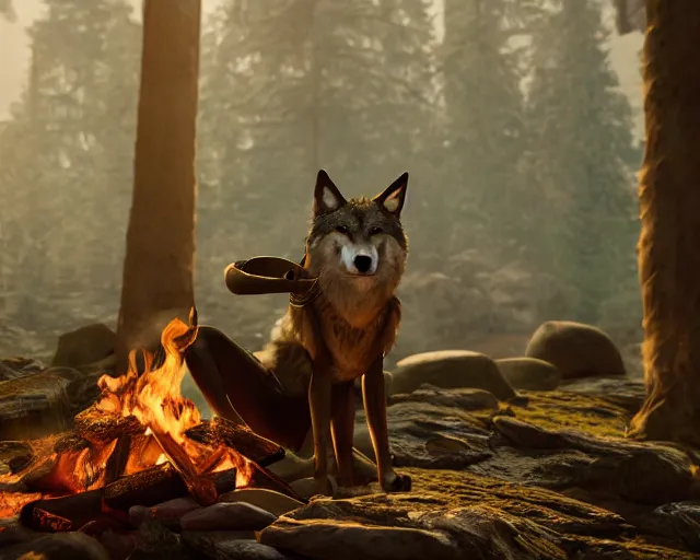 Image similar to spartan wolf drinking tea at campfire with trichocereus background and smoke haze, photo in the style of the celestine prophecy, artstation, deviantart, professional, unreal engine 5, octane render