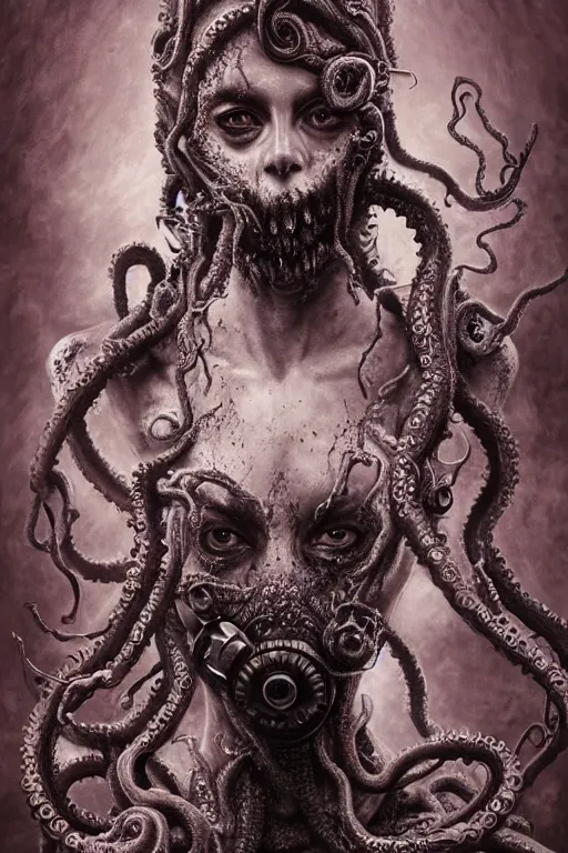 Image similar to realistic portrait of beautifully crystalized and detailed portrait of a zombie woman with gasmask, tentacles, tendrils, eldritch, matte painting of cinematic movie scene red dragon, horror, created by gustave dore and greg rutkowski, high detailed, smooth draw, synthwave neon retro, intricate, realistic proportions, dramatic lighting, trending on artstation.