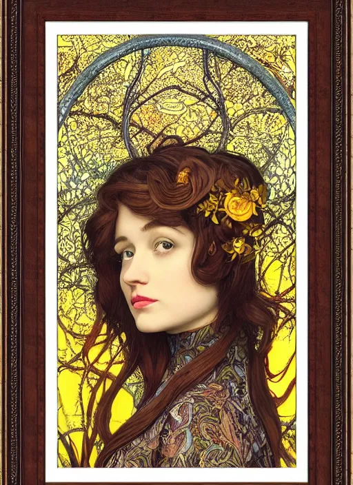 Prompt: masterpiece beautiful seductive flowing curves pinup pose preraphaelite face portrait photography, extreme close up shot, straight bangs, thick set features, yellow ochre ornate medieval dress, amongst inside foliage mushroom forest circle arch, william morris and kilian eng and mucha, framed, 4 k
