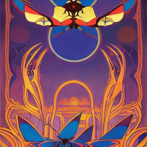 Prompt: the moth kingdom, by leo and diane dillon and nicholas roerich, dramatic lighting, god rays, smooth, sharp focus, highly detailed