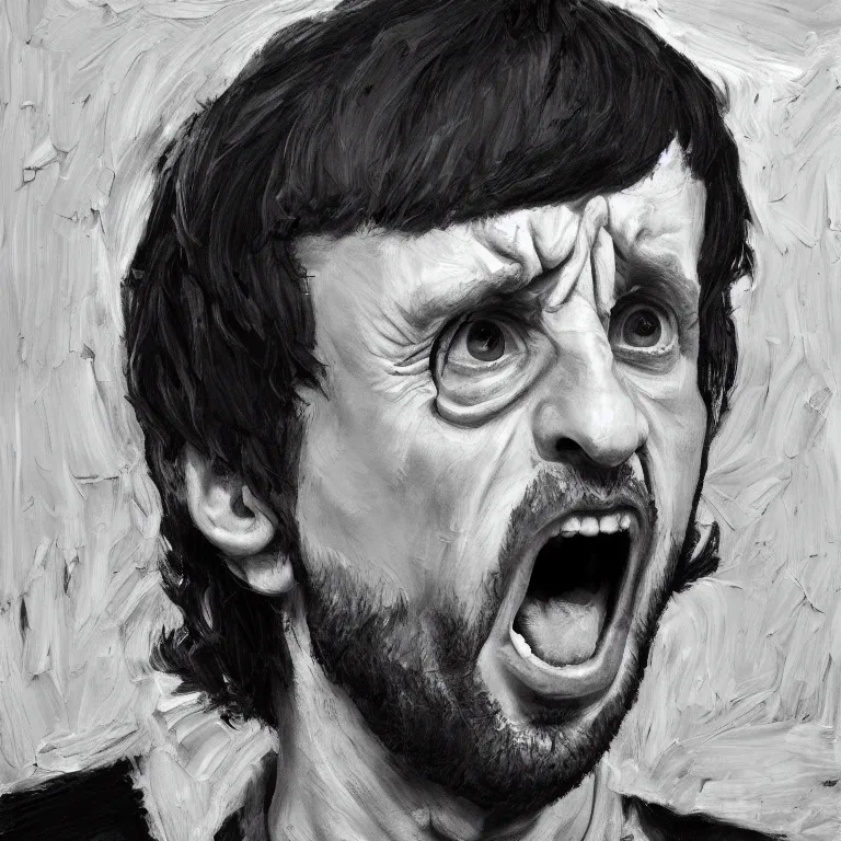 Image similar to warmly lit close up studio portrait of young furiously angry!! Ringo Starr in 1965 angrily singing, impasto oil painting thick brushstrokes by Lucian Freud and Cy Twombly and Tim Hawkinson , trending on artstation dramatic lighting Expressionism