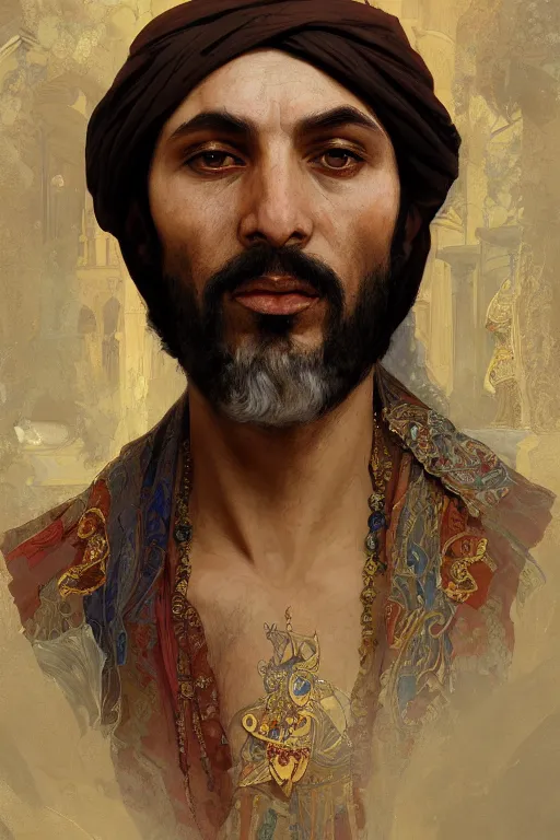 Image similar to A full portrait of an ancient Arabian spice merchant intricate, elegant, highly detailed, digital painting, artstation, concept art, smooth, sharp focus, illustration, art by Krenz Cushart and Artem Demura and alphonse mucha