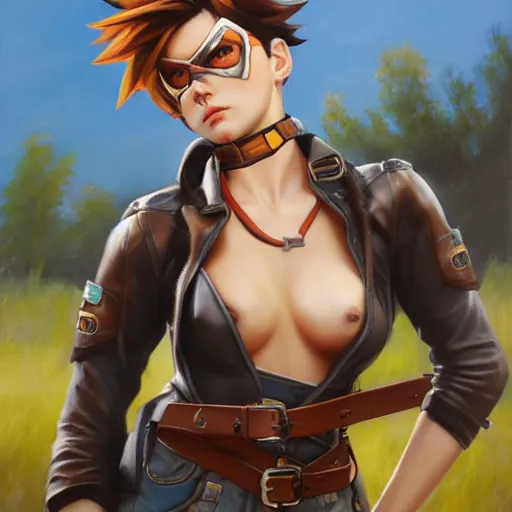 Image similar to oil painting of tracer overwatch in a field wearing large leather belt choker around neck, in style of mark arian, expressive face, detailed face, detailed eyes, full body, feminine face, tracer overwatch,