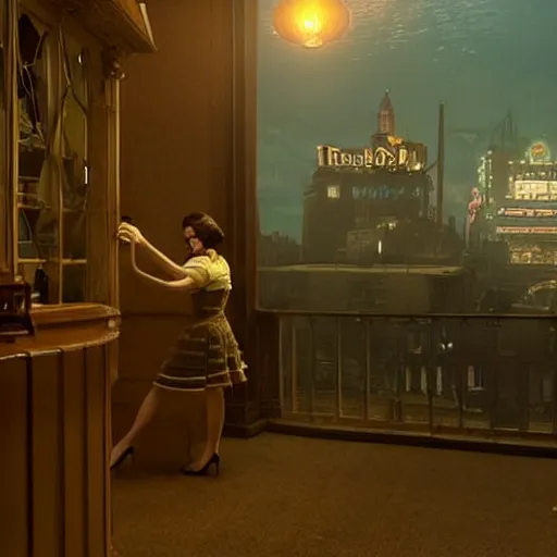 Prompt: screen capture from a live - action bioshock movie. andrew ryan, played by evan peters, is shown standing in an turn of the century style office front of an immense window looking out into the underwater city of rapture. the lights of the city are shining in the distance and an abundance of sea life is shown.