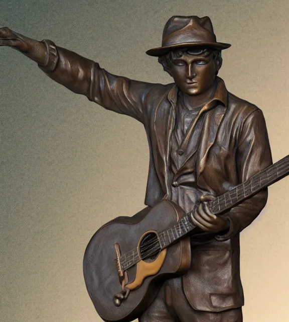 Prompt: a 4 k photorealistic photo medium shot of a bronze statue of a young man wearing a fedora holding a guitar.