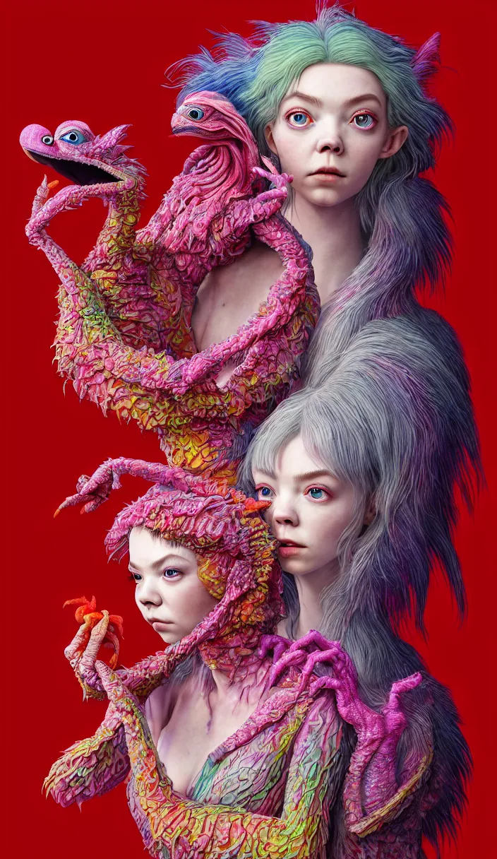 Prompt: hyper detailed 3d render like a Oil painting - kawaii portrait of two Aurora (a beautiful skeksis muppet fae princess protective playful from dark crystal that looks like Anya Taylor-Joy) seen red carpet photoshoot in UVIVF posing in scaly dress to Eat of the Strangling network of yellowcake aerochrome and milky Fruit and His delicate Hands hold of gossamer polyp blossoms bring iridescent fungal flowers whose spores black the foolish stars by Jacek Yerka, Ilya Kuvshinov, Mariusz Lewandowski, Houdini algorithmic generative render, Abstract brush strokes, Masterpiece, Edward Hopper and James Gilleard, Zdzislaw Beksinski, Mark Ryden, Wolfgang Lettl, hints of Yayoi Kasuma and Dr. Seuss, octane render, 8k